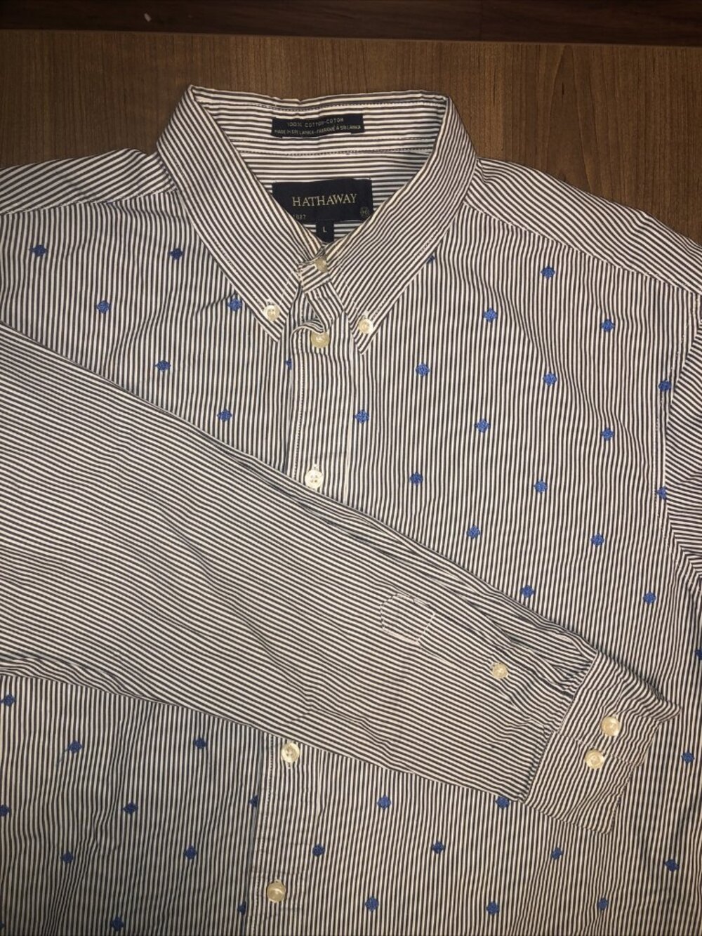 Hathaway Button Up Shirt Adult Large Blue White Long Sleeve Cotton Casual Men